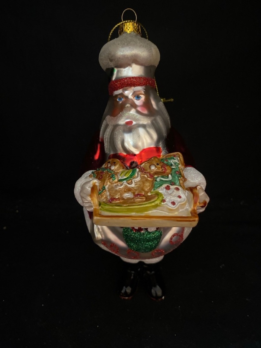 Vintage Chef Santa Claus Christmas Glass Ornament Gingerbread Cookies Tray